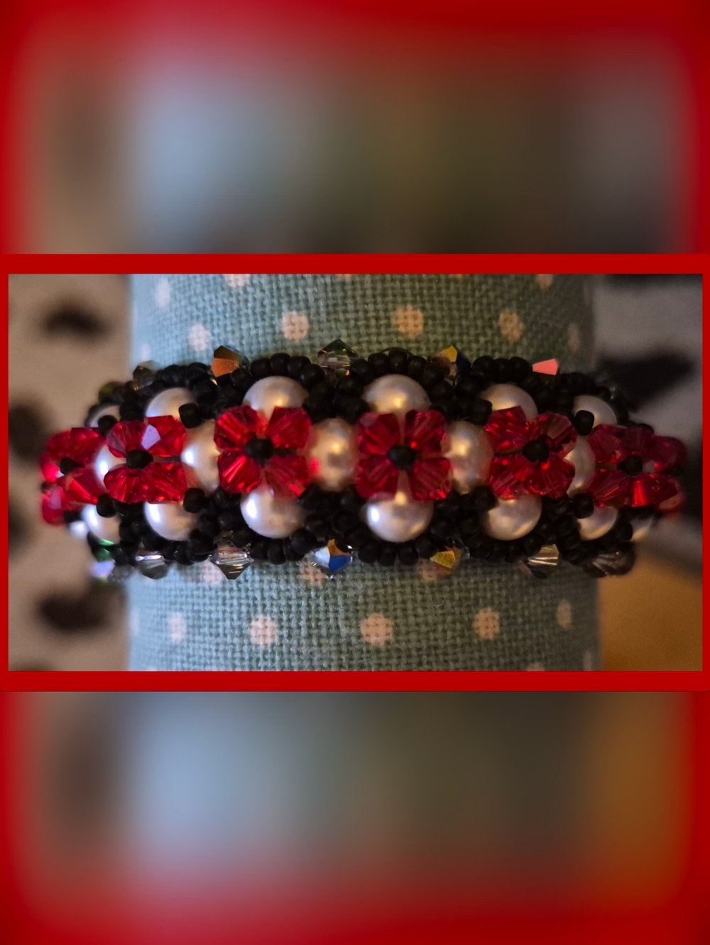 Megsy Magic Vintage Two Sided White Glass Pearl & Red/Black Floral Bracelet